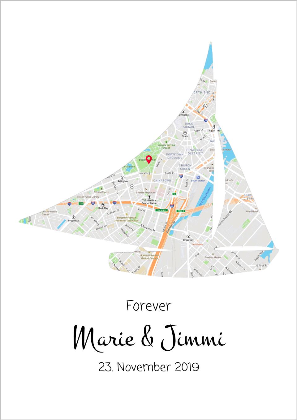 Wo alles begann Poster | Personalisierte Stadtkarte mit Segelboot personalisiertes Hochzeitsgeschenk - Geschenkidee Hochzeit - Kennenlernort-Städteposter - Valentinstag