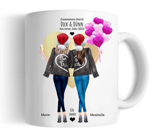 DICK & DÜNN  2 Beste Freundinnen Geschenk Tasse personalisiert, Kaffeebecher Schwester, Weihnachtsgeschenk