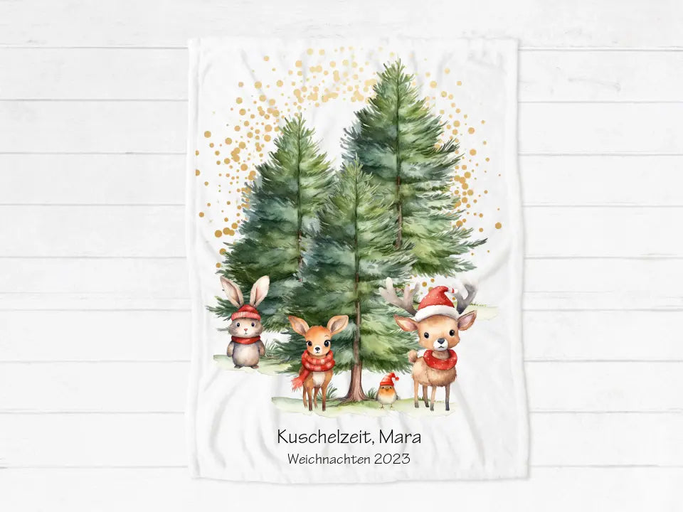 Personalisierte Kinderdecke kuschelige Weihnachtsdecke als Weihnachtsgeschenk für Babys und Kleinkinder Babydecke, Tannen Waldtiere