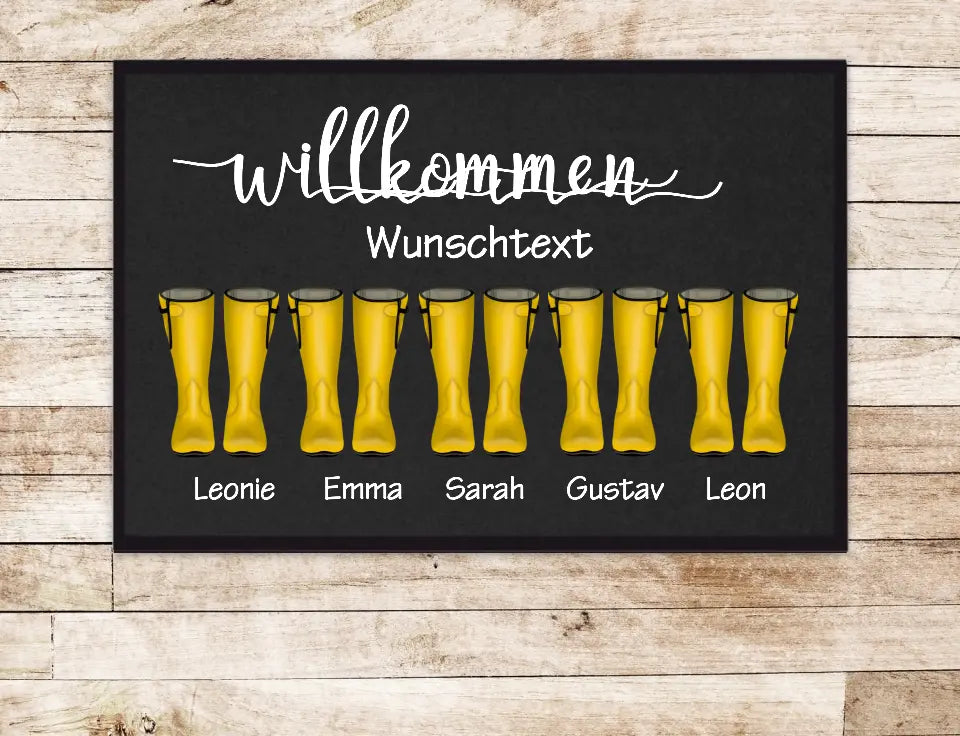 Personalisierte Fußmatte Geschenk Familie Fußabstreicher Gummistiefel mit Name Familienmitglieder Wunschtext