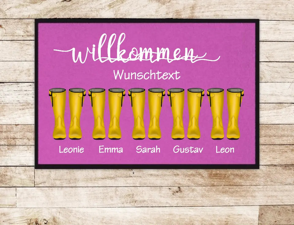 Personalisierte Fußmatte Geschenk Familie Fußabstreicher Gummistiefel mit Name Familienmitglieder Wunschtext