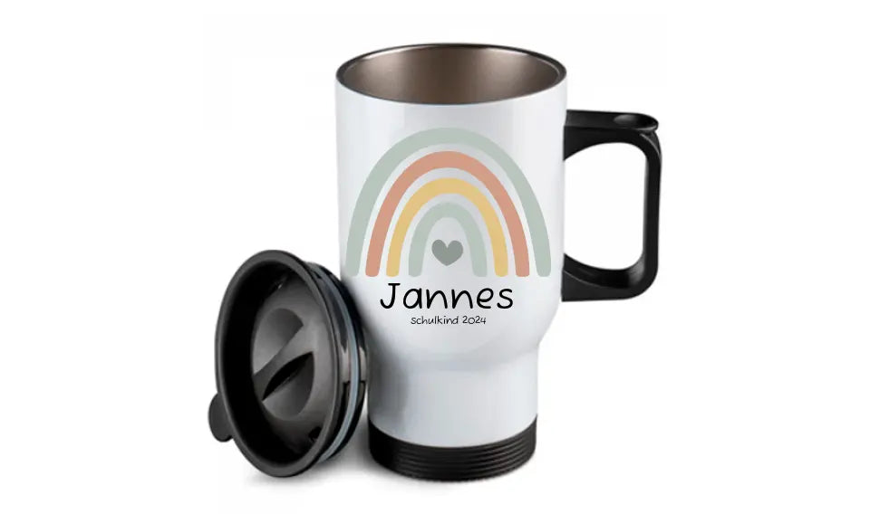 Personalisierter Becher Kinder aus Edelstahl mit Regenbogen Namen und Text Junge | Kinderbecher Geschenk Einschulung & Geburtstag | Edelstahl-Thermobecher für Kinder personalisiert
