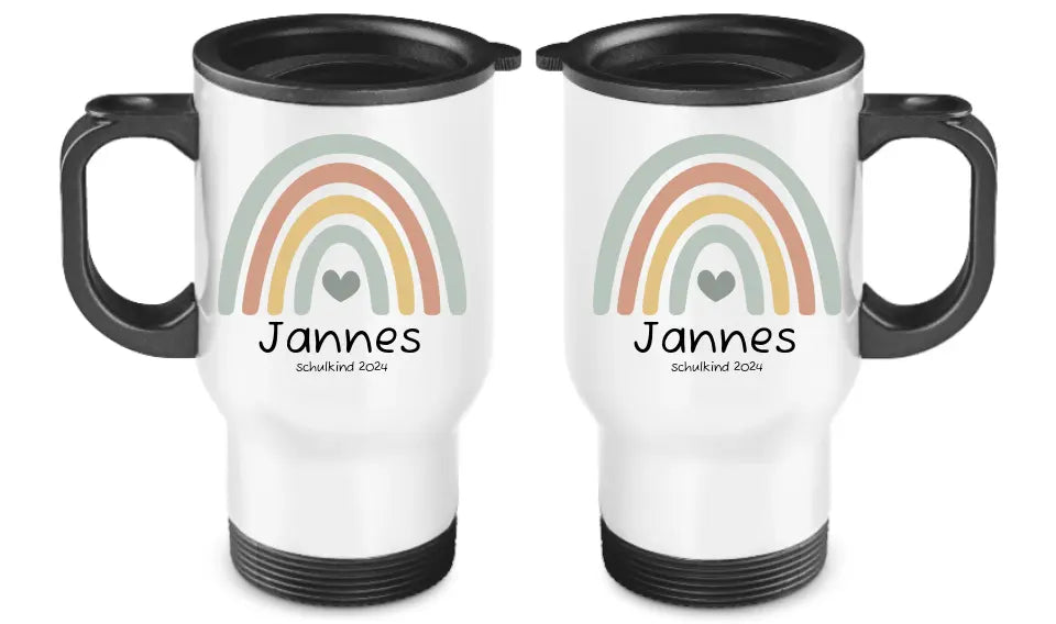 Personalisierter Becher Kinder aus Edelstahl mit Regenbogen Namen und Text Junge | Kinderbecher Geschenk Einschulung & Geburtstag | Edelstahl-Thermobecher für Kinder personalisiert
