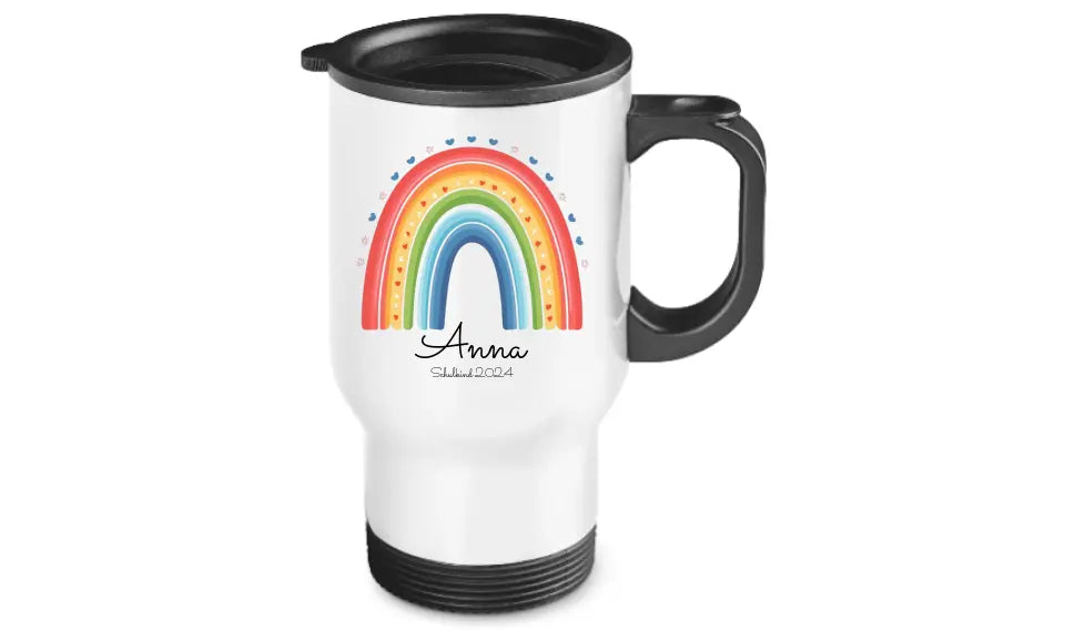 Personalisierter Becher Kinder aus Edelstahl mit Regenbogen Namen und Text | Kinderbecher Geschenk Einschulung & Geburtstag | Edelstahl-Thermobecher für Kinder personalisiert