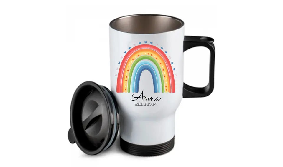 Personalisierter Becher Kinder aus Edelstahl mit Regenbogen Namen und Text | Kinderbecher Geschenk Einschulung & Geburtstag | Edelstahl-Thermobecher für Kinder personalisiert