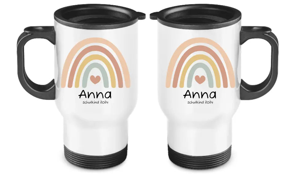 Personalisierter Kinder Becher aus Edelstahl mit Regenbogen Namen und Text | Kinderbecher Geschenk Einschulung & Geburtstag | Edelstahl-Thermobecher für Kinder personalisiert
