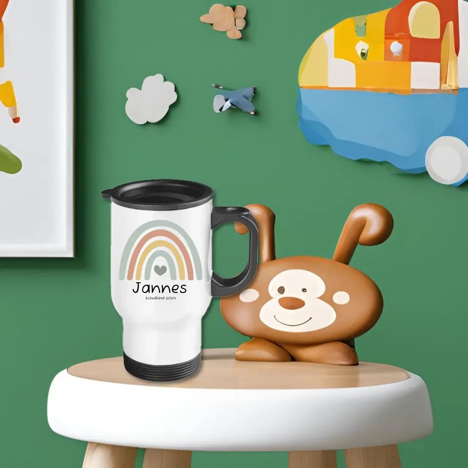 Personalisierter Becher Kinder aus Edelstahl mit Regenbogen Namen und Text Junge | Kinderbecher Geschenk Einschulung & Geburtstag | Edelstahl-Thermobecher für Kinder personalisiert