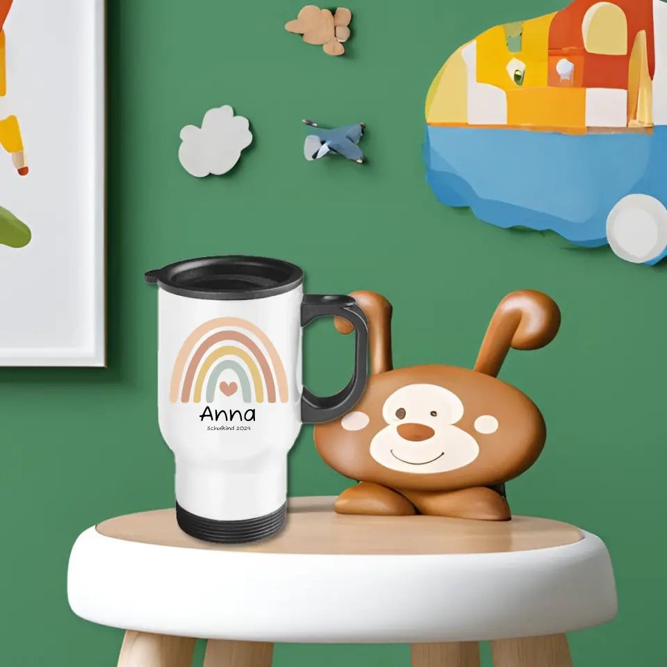 Personalisierter Kinder Becher aus Edelstahl mit Regenbogen Namen und Text | Kinderbecher Geschenk Einschulung & Geburtstag | Edelstahl-Thermobecher für Kinder personalisiert