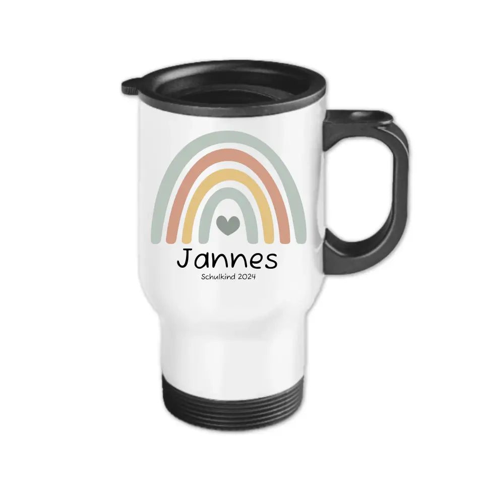 Personalisierter Becher Kinder aus Edelstahl mit Regenbogen Namen und Text Junge | Kinderbecher Geschenk Einschulung & Geburtstag | Edelstahl-Thermobecher für Kinder personalisiert