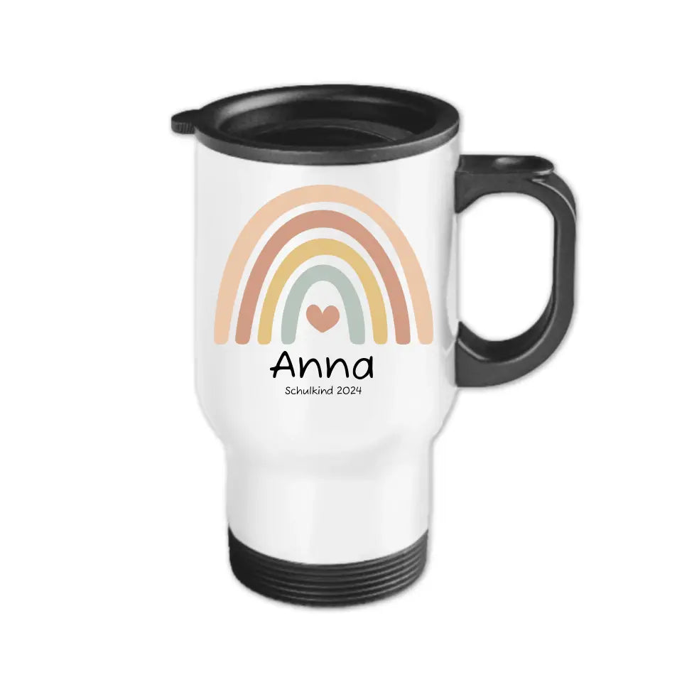 Personalisierter Kinder Becher aus Edelstahl mit Regenbogen Namen und Text | Kinderbecher Geschenk Einschulung & Geburtstag | Edelstahl-Thermobecher für Kinder personalisiert