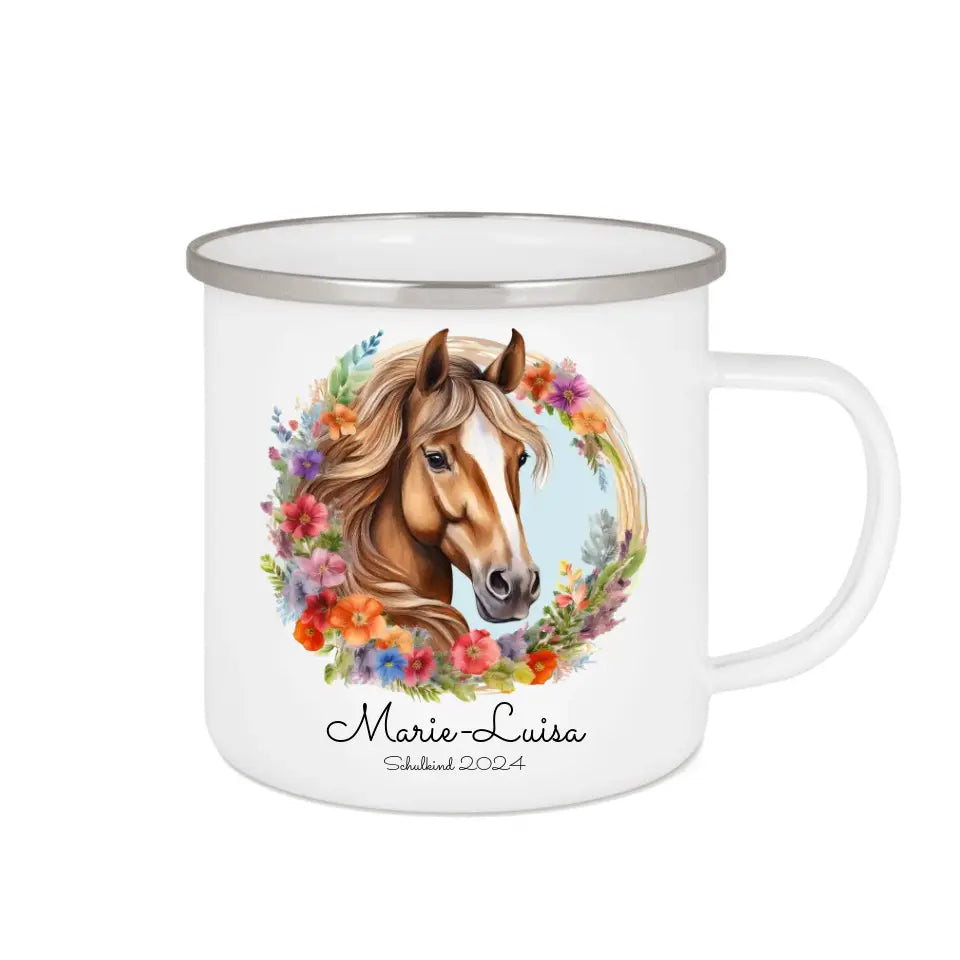 Schulanfang Kindertasse Schulkind oder Geburtstagsgeschenk - Emaille Kinderbecher Pferd Einschulung mit Namen