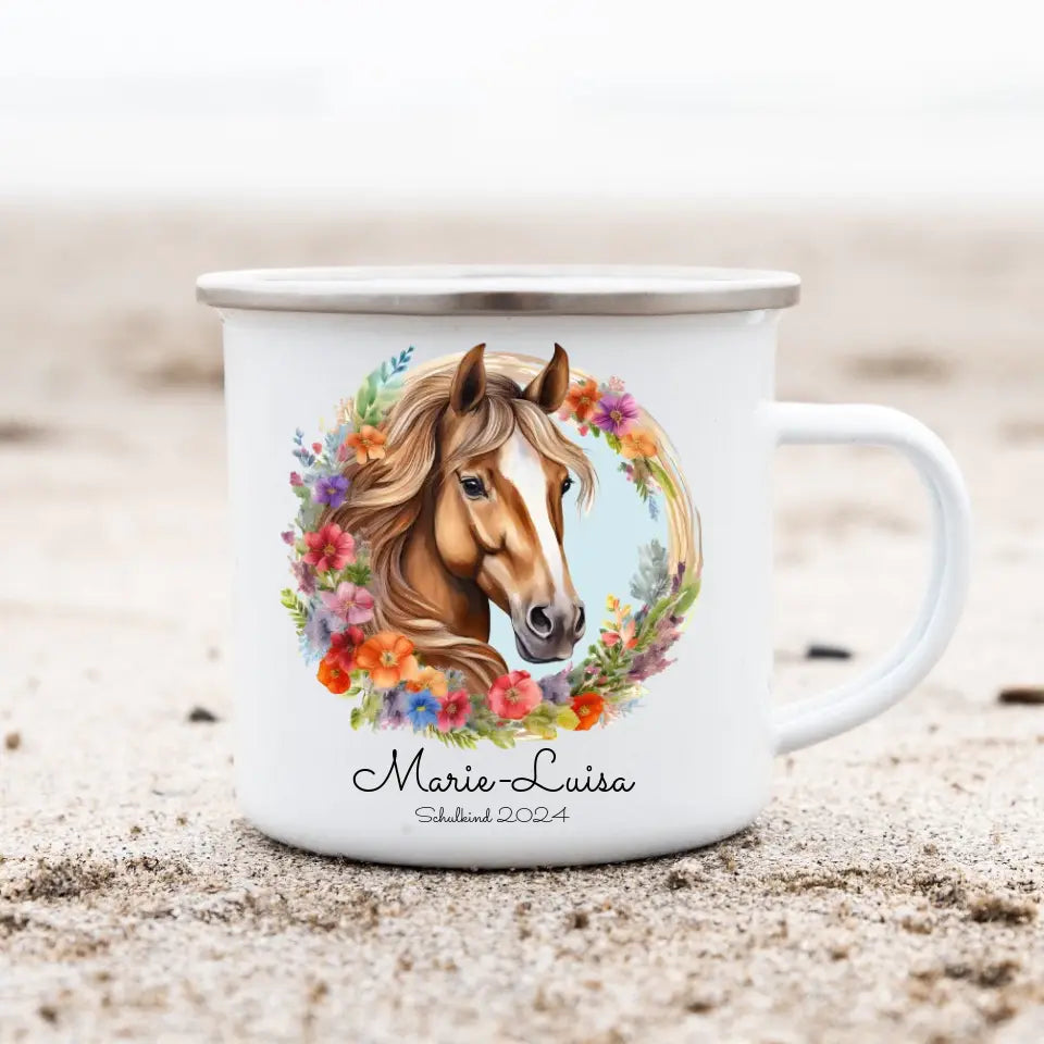 Schulanfang Kindertasse Schulkind oder Geburtstagsgeschenk - Emaille Kinderbecher Pferd Einschulung mit Namen