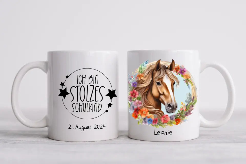 Schulanfang Kindertasse Schulkind oder Geburtstagsgeschenk - Emaille Kinderbecher Pferd Einschulung mit Namen