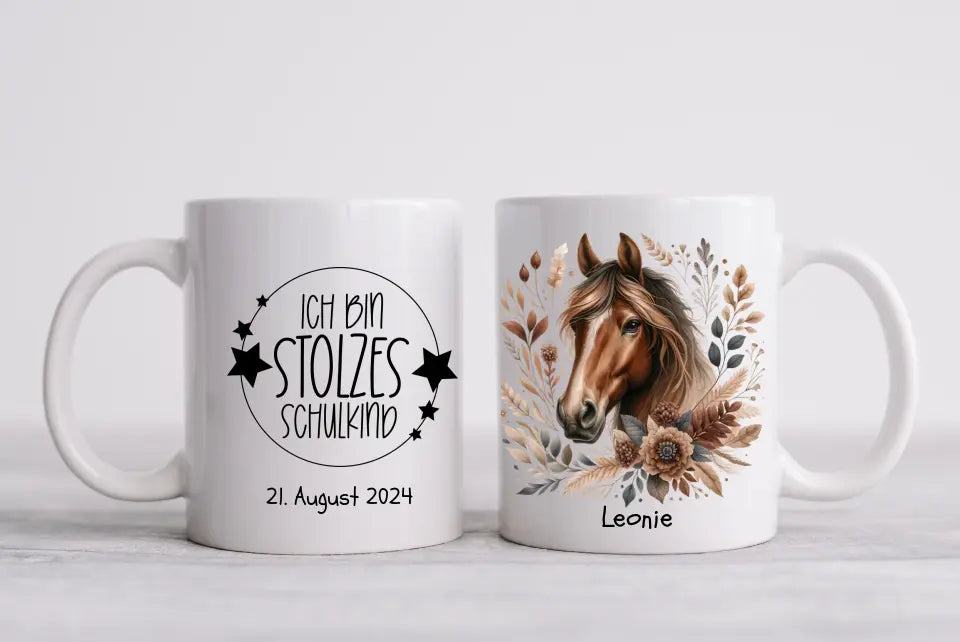 Schulanfang Kindertasse Schulkind oder Geburtstagsgeschenk - Emaille Kinderbecher Pferd Einschulung mit Namen