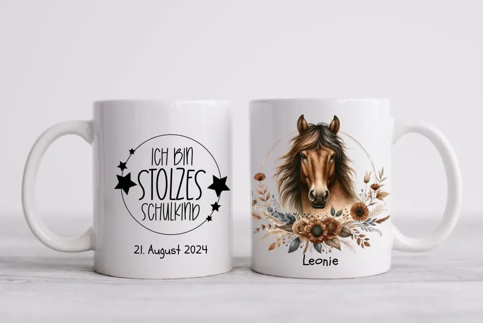 Schulanfang Kindertasse Schulkind oder Geburtstagsgeschenk - Emaille Kinderbecher Pferd Einschulung mit Namen