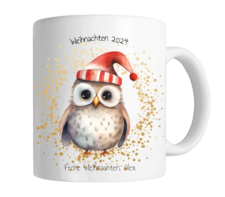 Geschenk Nikolaus, Weihnachten personalisiert - Kindertasse, Kinderbecher, Kinderteller - Nikolaustasse, Weihnachtstasse - Eule