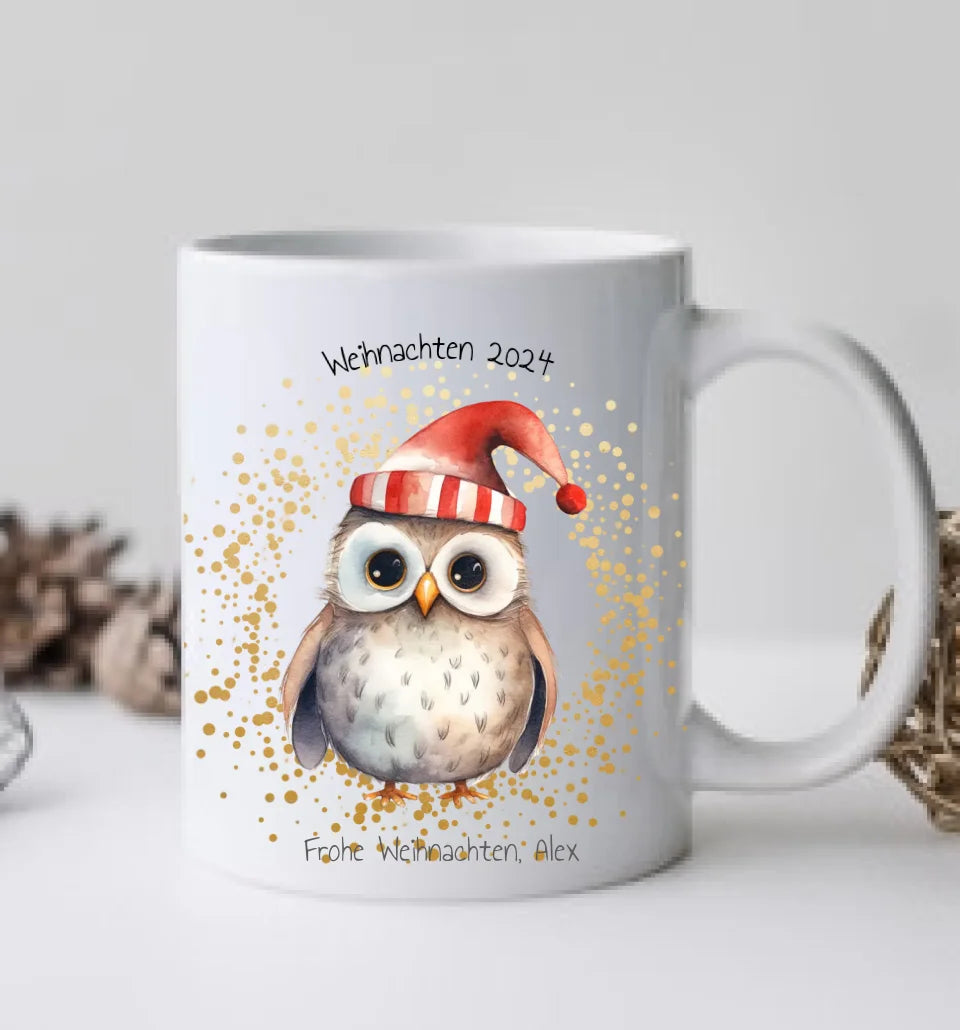 Geschenk Nikolaus, Weihnachten personalisiert - Kindertasse, Kinderbecher, Kinderteller - Nikolaustasse, Weihnachtstasse - Eule