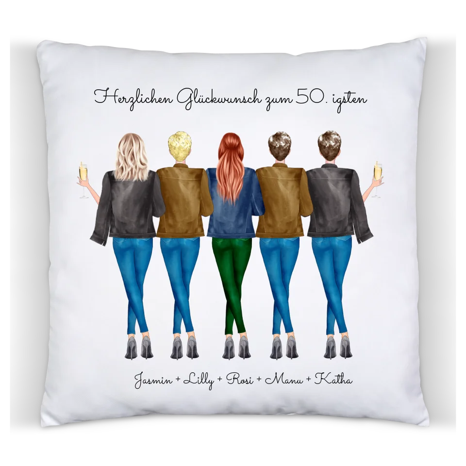 50 Geburtstag Geschenk Freundin & Frauen -  personalisiertes Kissen 5 Freundinnen - Geschenkidee 30 Geburtstag Schwester, Kollegin