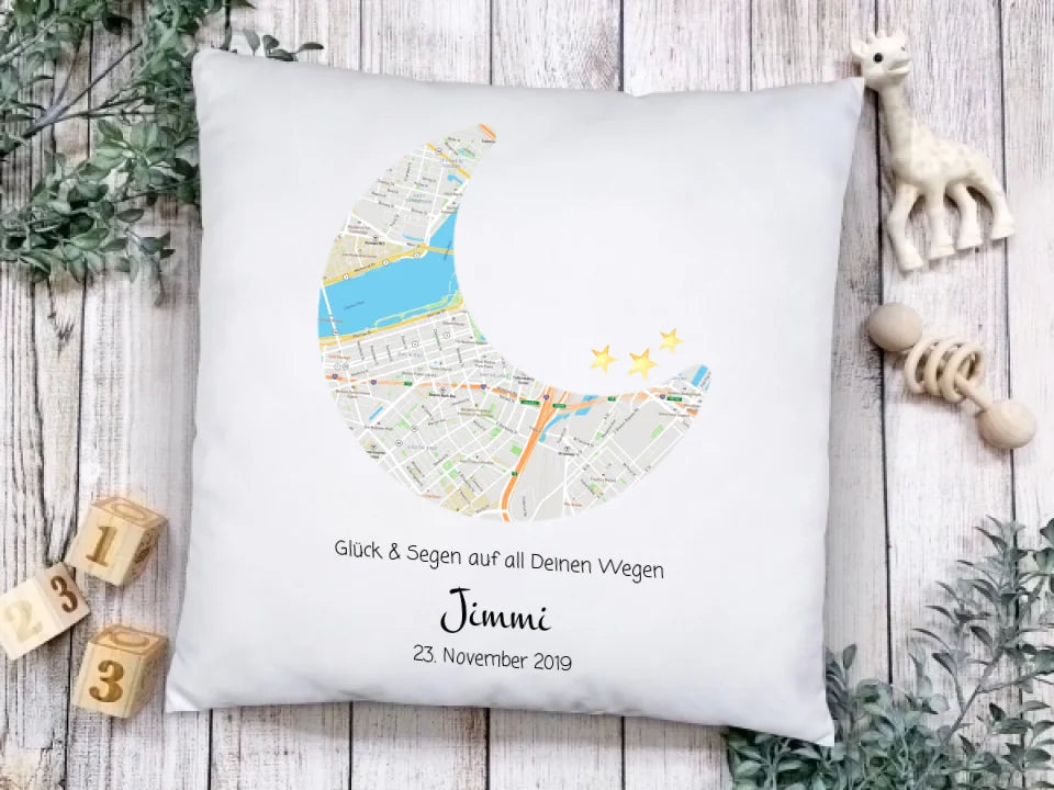 Geburtsgeschenk & Taufgeschenk | Babykissen Geschenk | Babygeschenk Kissen im Koordinaten
Stadtkarte Design | Kinderkissen