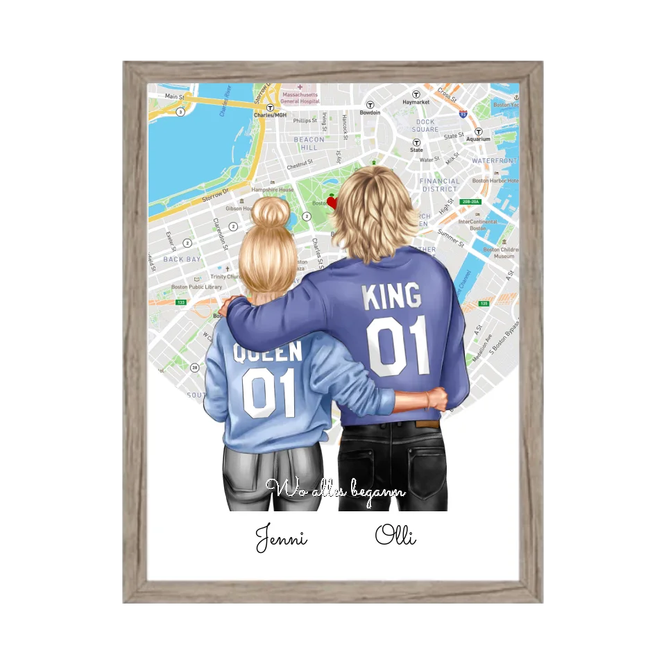 Personalisiertes Poster Geschenk für Freund / Freundin & Partnerin/Partner - Pärchen, Geschenk - Paar Bild mit Stadtkarte / Sternenkarte