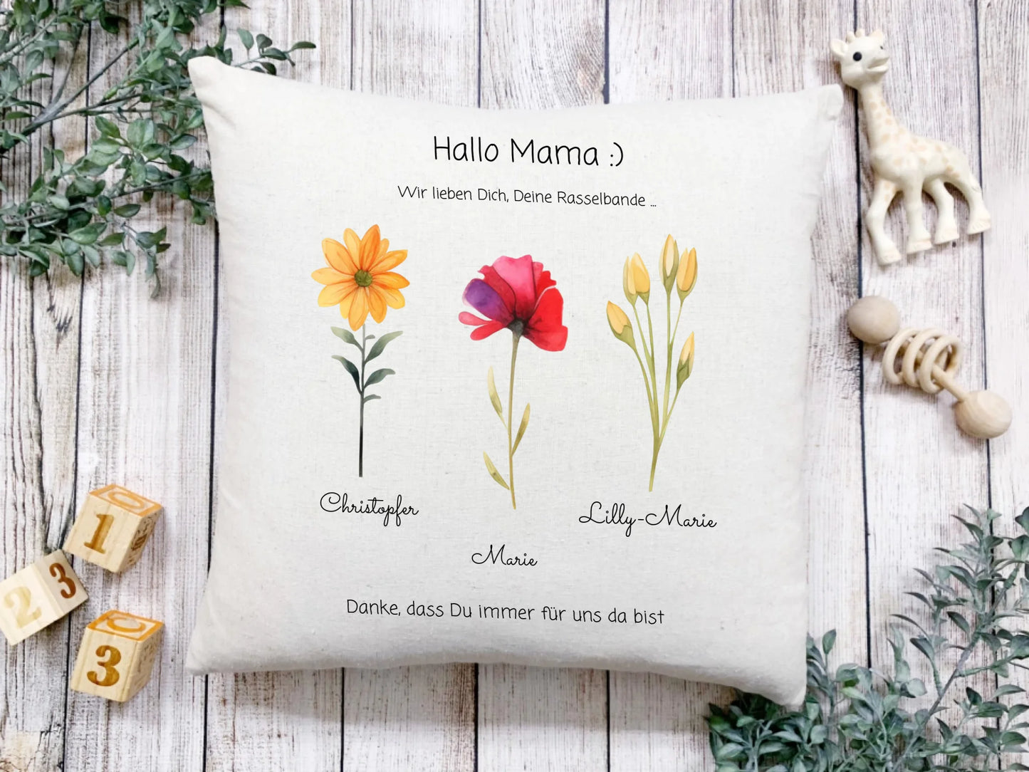 Personalisiertes Geschenk Mama / Papa / Muttertagsgeschenk & Vatertagsgeschenk Blumenkissen mit Kindernamen