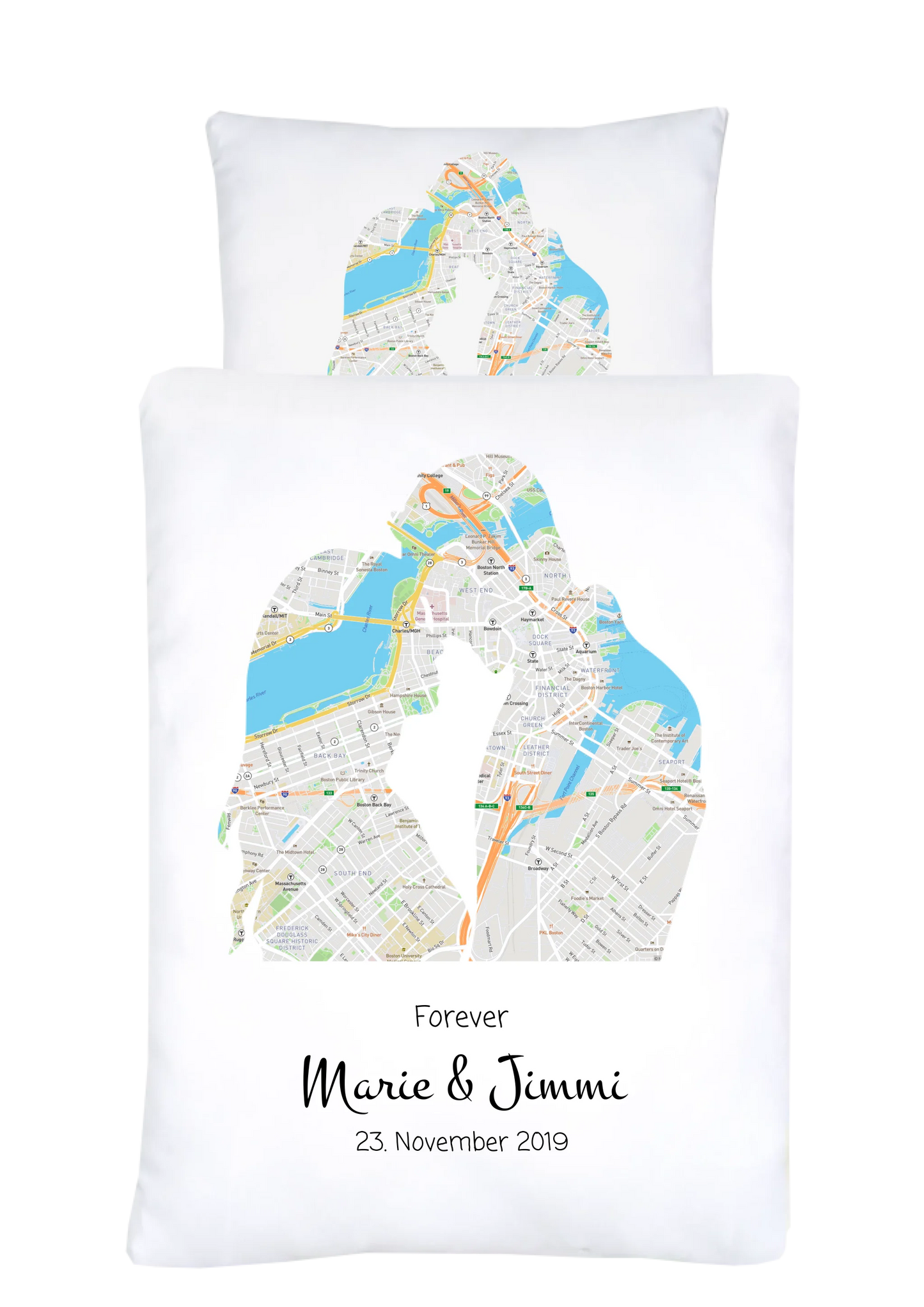 Hochzeitsgeschenk Forever | Personalisierter Bettbezug Liebespaar Motiv | Geschenk zur Hochzeit, Valentin, Liebe im Koordinaten Stadtkarte Design