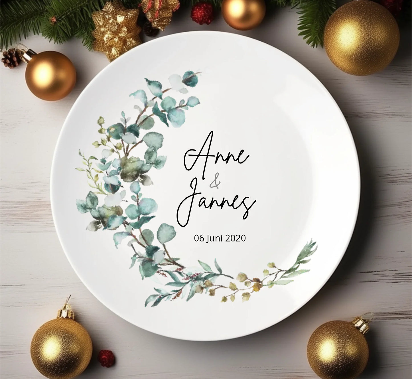Personalisierter Hochzeitsteller Blumenkranz mit Namen & Datum, Geschenk zur Hochzeit, Geschenk Brautpaar, ideal als Gästeteller