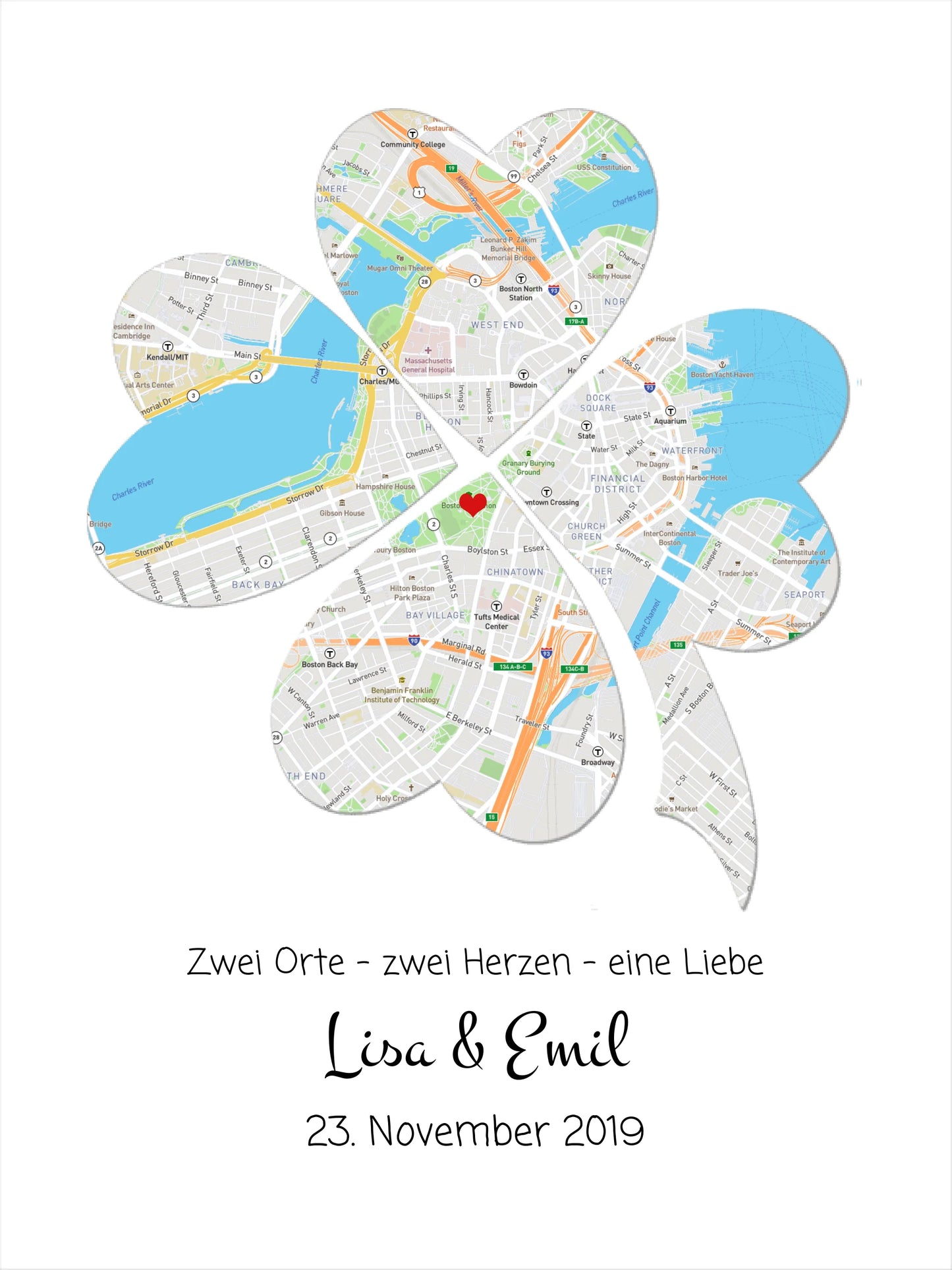 Personalisiertes Hochzeitsgeschenk Kleeblatt Poster Stadtkarte Design | Bild Geschenk Hochzeitstag, Jahrestag, Jubiläum