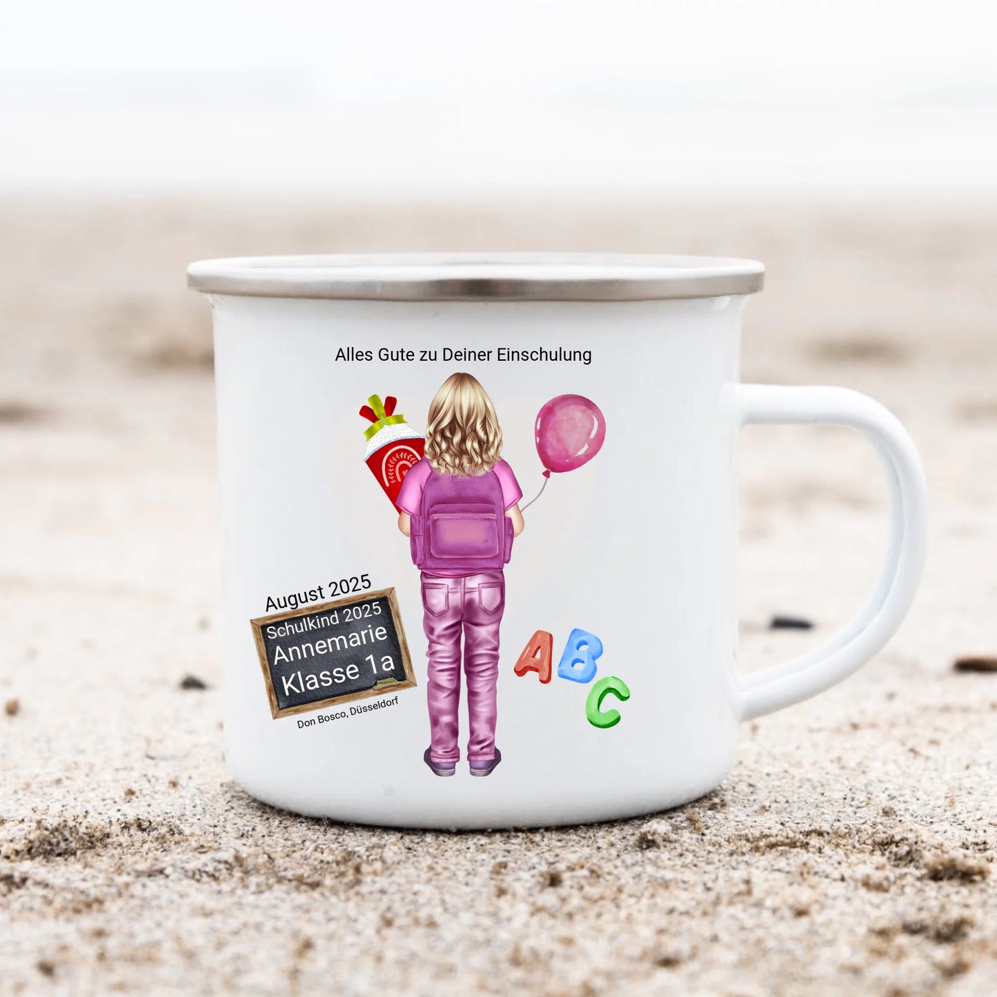 Schulanfang Kindertasse Schulkind 2025 - Emaille Kinderbecher Mädchen/Junge Einschulung mit Namen personalisiert - Geburtstagsgeschenke