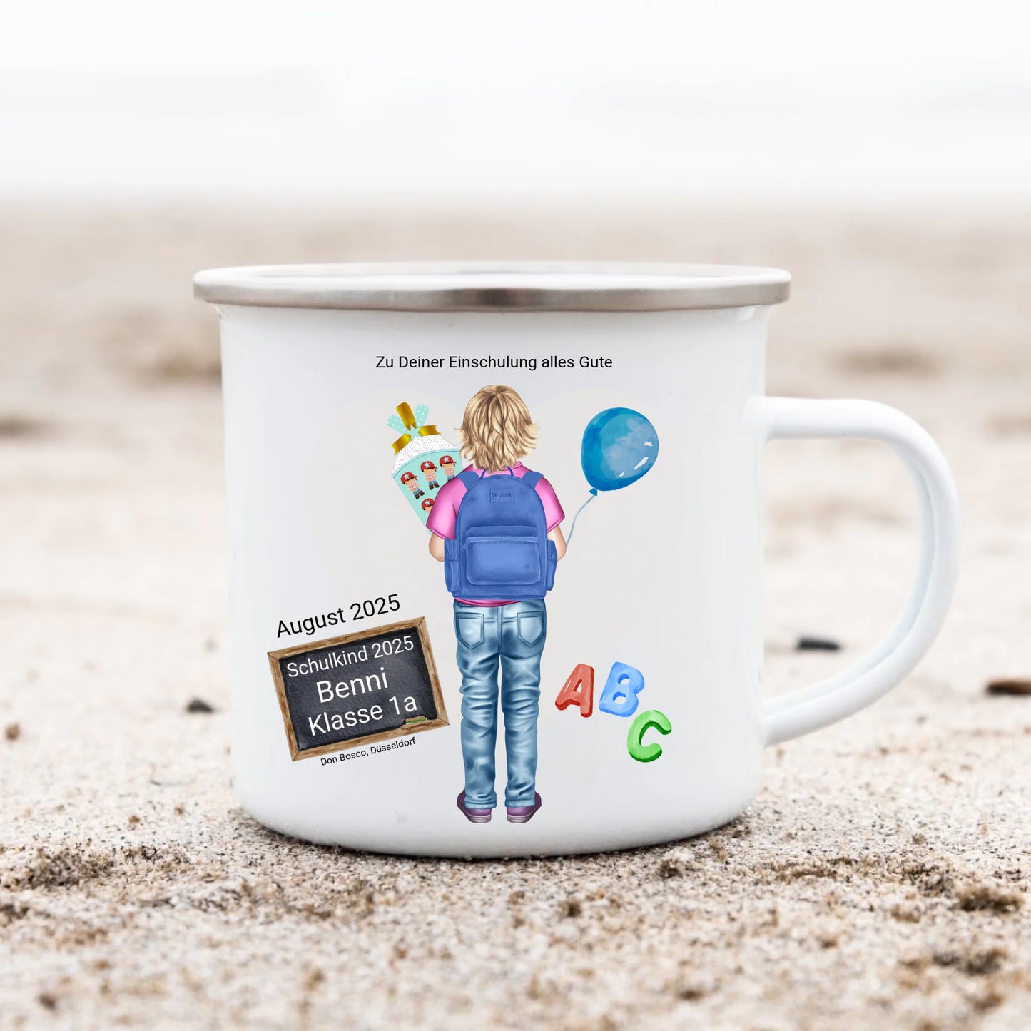 Schulanfang Kindertasse Schulkind 2025 - Emaille Kinderbecher Junge Einschulung mit Namen personalisiert - Geburtstagsgeschenke