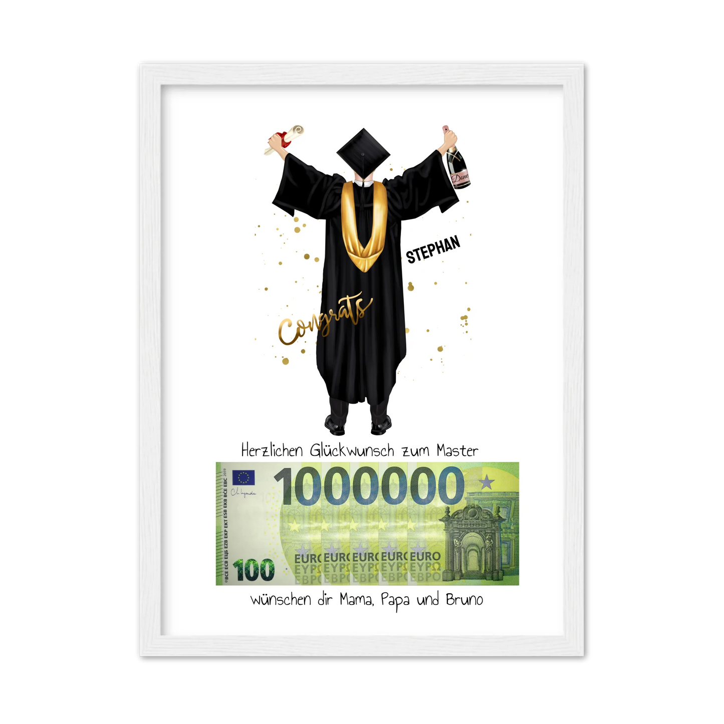 Geldgeschenk Wunscherfüller - Personalisiertes Abschlußgeschenk zum Abi, Bachelor, Master, Doktor Mann - 1. Million