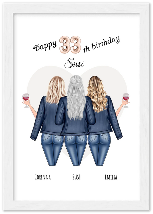 3 Beste Freundinnen Poster gerahmt - Beste Freundin Bild Geschenk Geburtstag - Geburtstagsgeschenk - Ostergeschenk - Geschenk Schwester