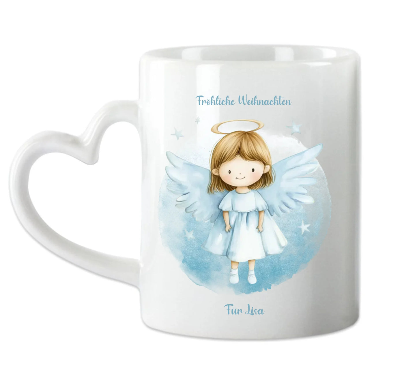 "Weihnachtsengel" Tasse - Personalisierte Tasse mit Schutzengel und Namen für Kinder blau