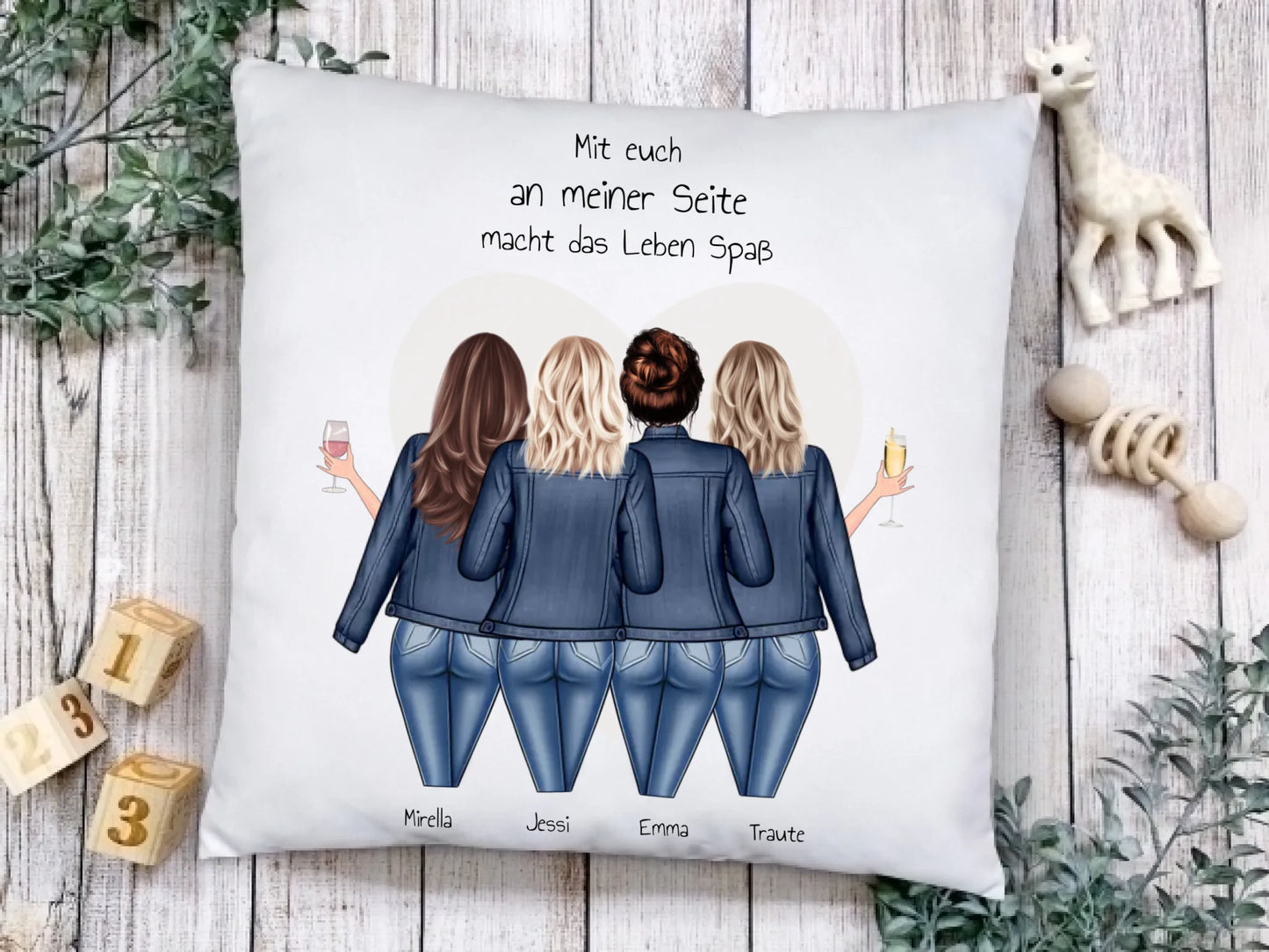 Geschenk beste Freundin mit 4 Freundinnen - Geburtstagsgeschenk Kissen - Personalisiertes Kissen mit Spruch