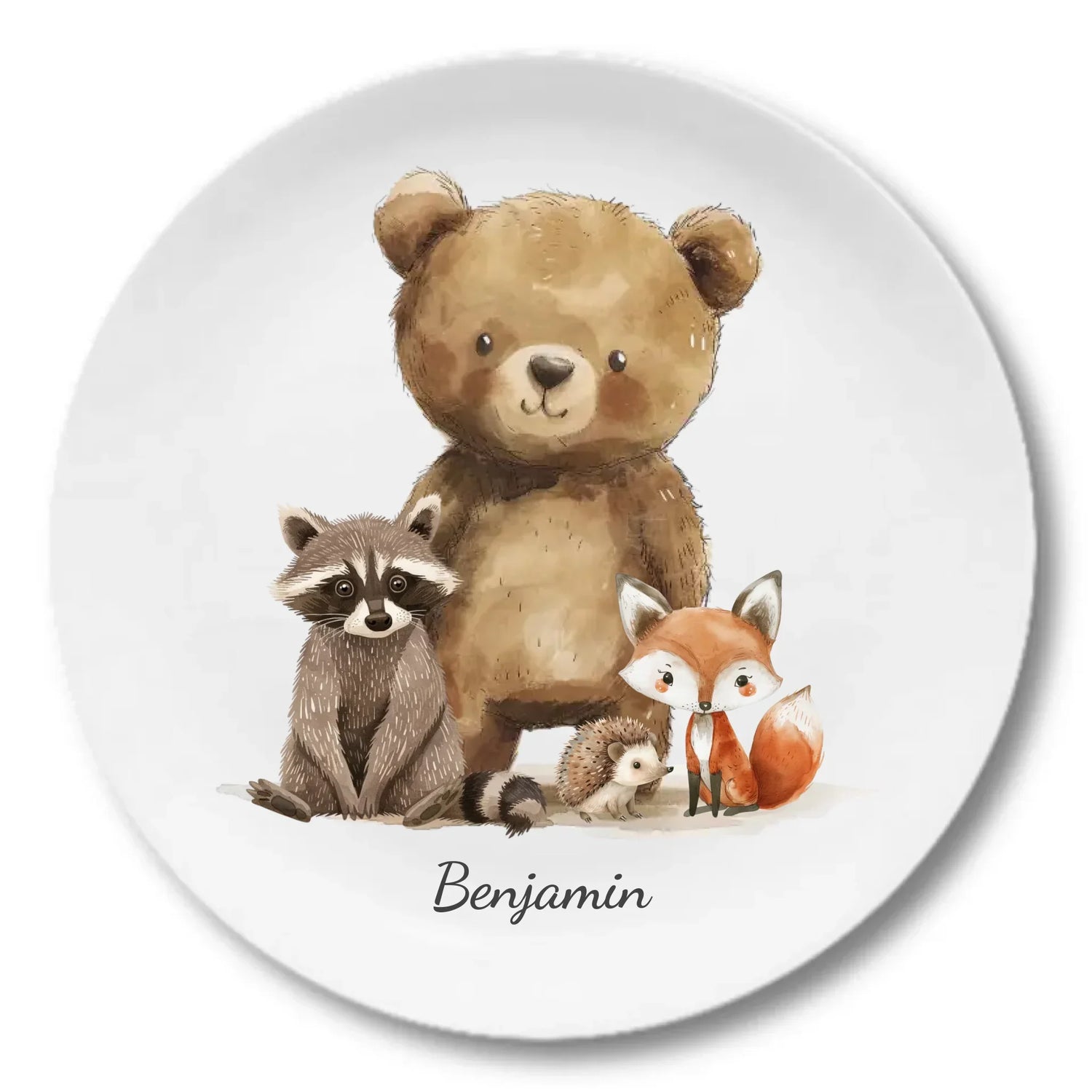 Personalisierter Kinderteller-Kindergeschirr mit Waldtieren, Namen und Spruch als perfektes Geschenk zur Geburt, Taufe, Einschulung, Kindergarten und Weihnachten.