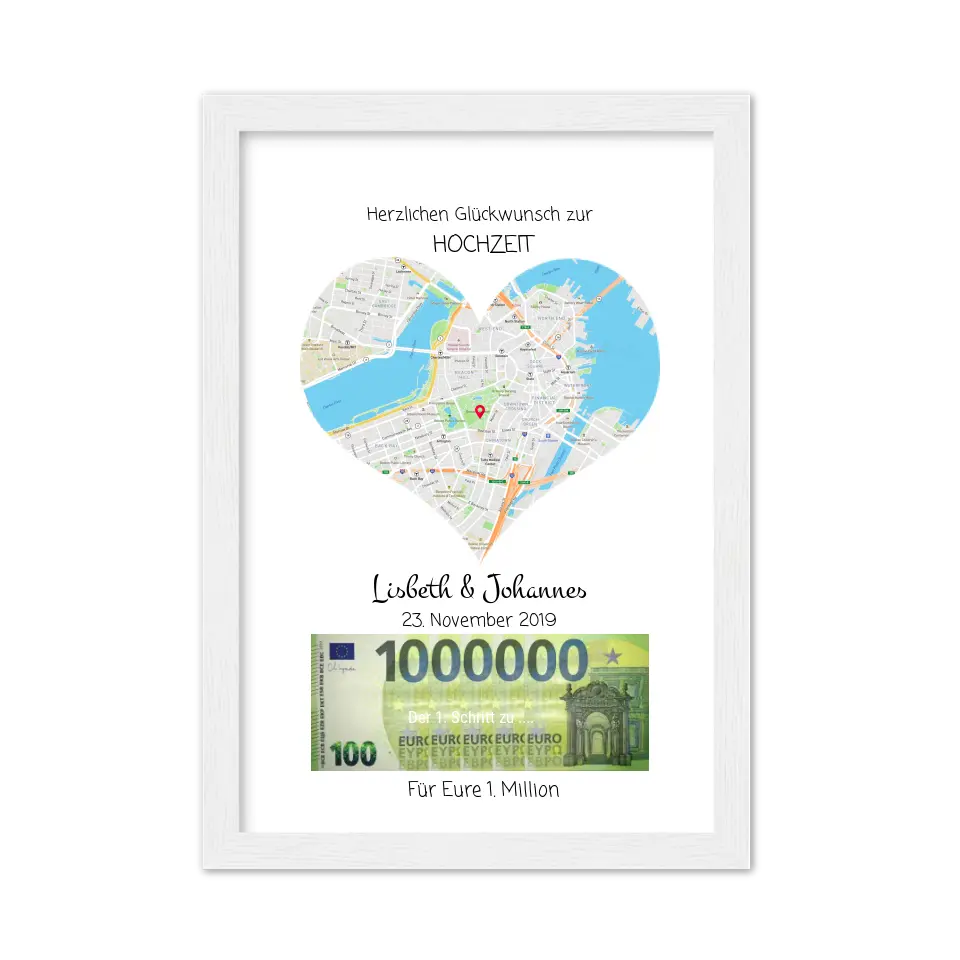 Hochzeitsherz, Personalisiertes Geschenk, Geldgeschenk zur Hochzeit, Hochzeitsgeschenk Für Eure 1. Million Standortkarte