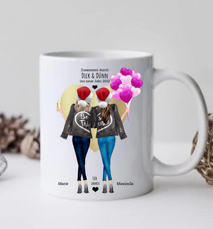 DICK & DÜNN  2 Beste Freundinnen Geschenk Tasse personalisiert, Kaffeebecher Schwester, Weihnachtsgeschenk