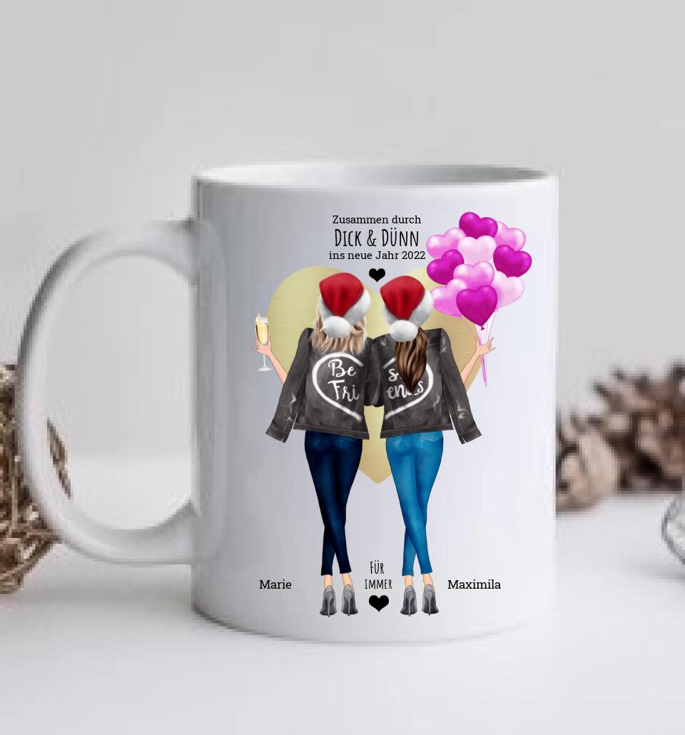 DICK & DÜNN  2 Beste Freundinnen Geschenk Tasse personalisiert, Kaffeebecher Schwester, Weihnachtsgeschenk