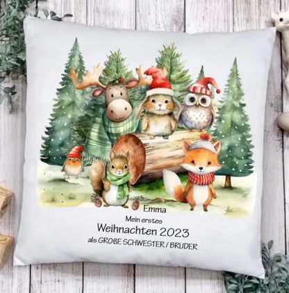 Nikolausgeschenk, Weihnachtsgeschenk kuscheliges Kissen Geschenk mit Waldtieren für Mädchen & Junge mit Namen und Wunschtext personalisierbar