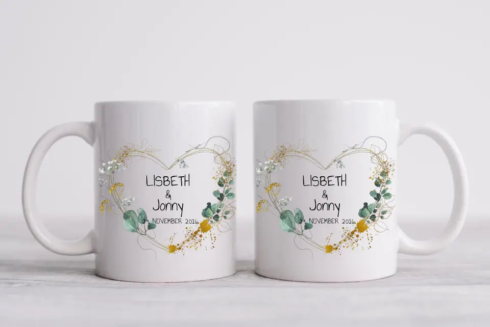 Personalisierte Hochzeitstasse Hochzeitsgeschenk Blumenkranz Herz Brautpaar, Kaffeebecher - Geschenk Hochzeit