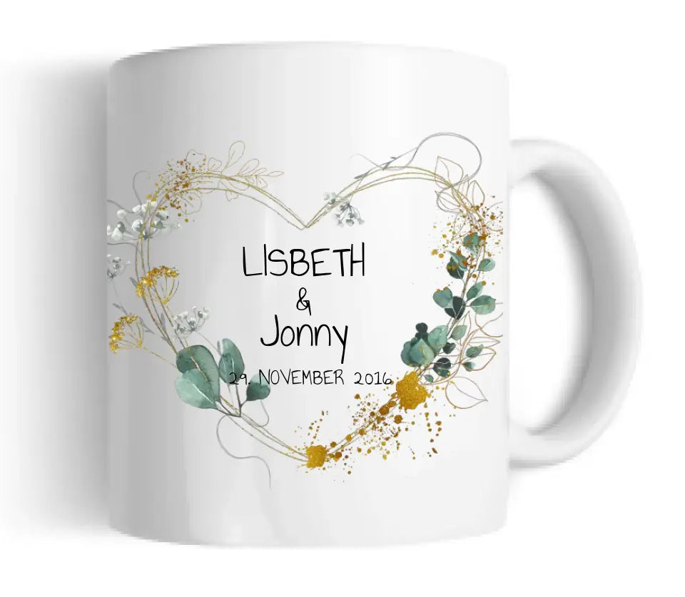 Personalisierte Hochzeitstasse Hochzeitsgeschenk Blumenkranz Herz Brautpaar, Kaffeebecher - Geschenk Hochzeit