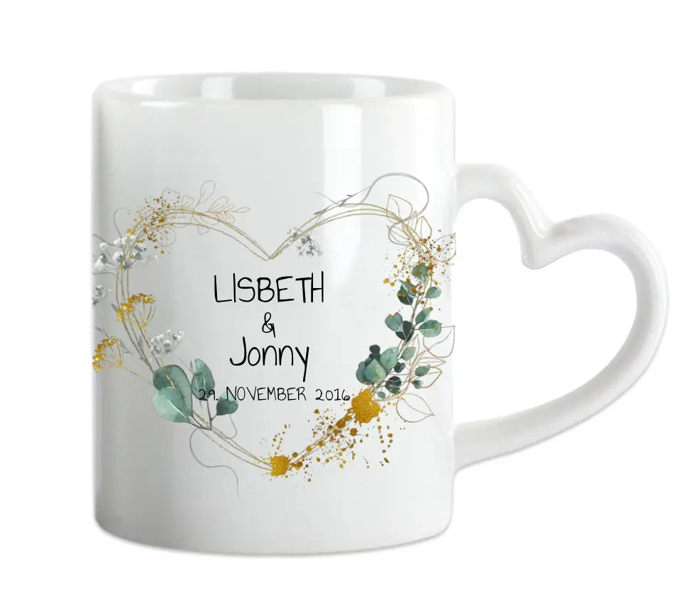 Personalisierte Hochzeitstasse Hochzeitsgeschenk Blumenkranz Herz Brautpaar, Kaffeebecher - Geschenk Hochzeit