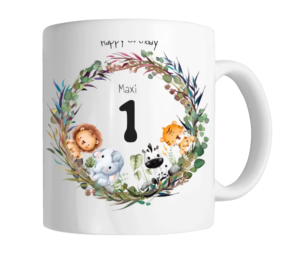 Dschungeltiere Kindertasse - Personalisierte Tasse Geschenk, Geburtstagstasse mit Geburtstagszahl, Namen und Text