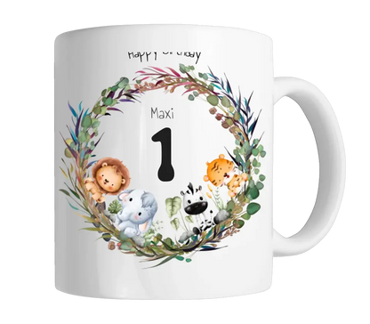 Dschungeltiere Kindertasse - Personalisierte Tasse Geschenk, Geburtstagstasse mit Geburtstagszahl, Namen und Text