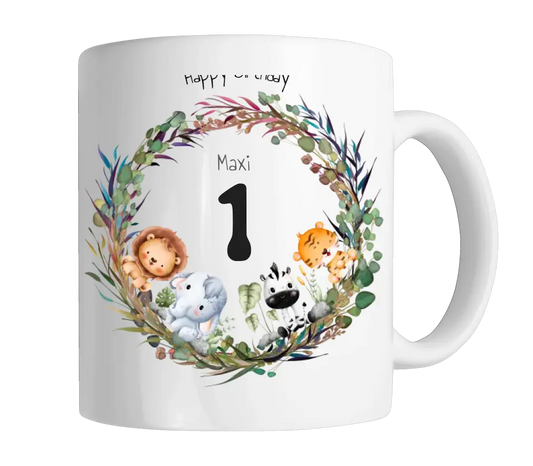 Dschungeltiere Kindertasse - Personalisierte Tasse Geschenk, Geburtstagstasse mit Geburtstagszahl, Namen und Text