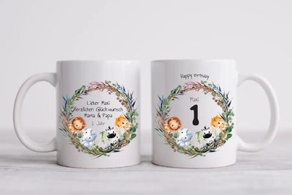 Dschungeltiere Kindertasse - Personalisierte Tasse Geschenk, Geburtstagstasse mit Geburtstagszahl, Namen und Text