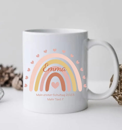 Regenbogentasse mit Wunschtext & Namen - Personalisierte Tasse Geschenk, Geburtstagsgeschenk, Weihnachtstasse, Nikolaustasse, rosa