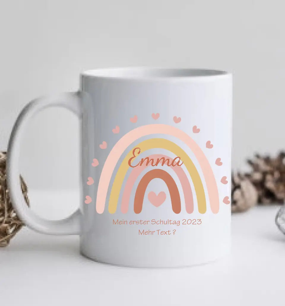 Regenbogentasse mit Wunschtext & Namen - Personalisierte Tasse Geschenk, Geburtstagsgeschenk, Weihnachtstasse, Nikolaustasse, rosa