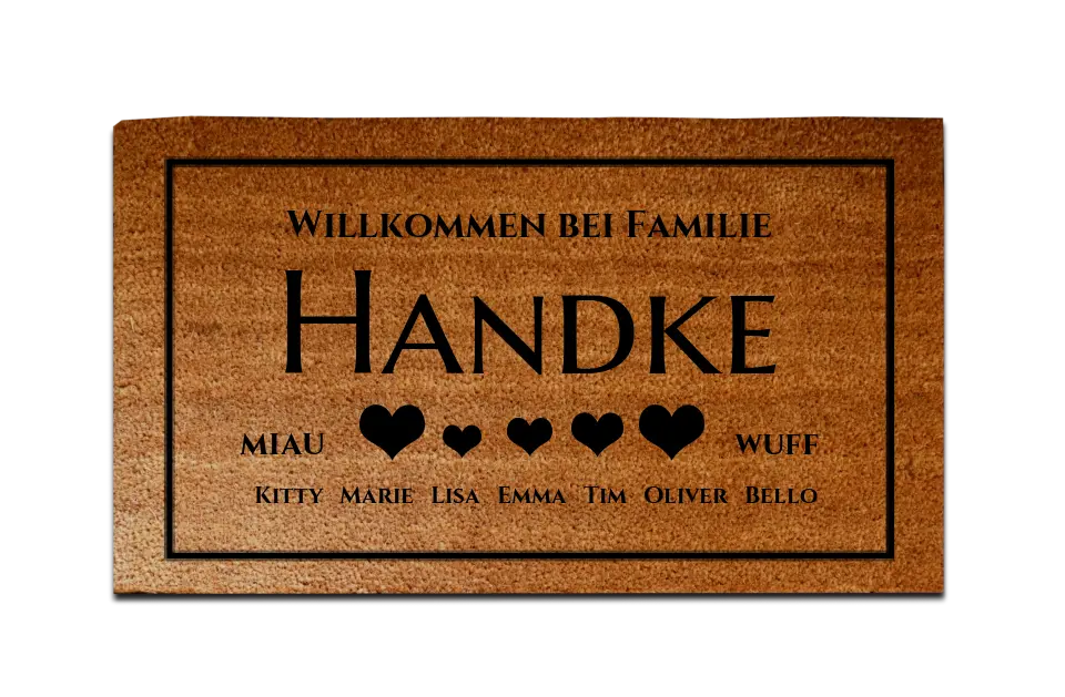 Personalisierte Fußmatte Familie 5 Personen Haushalt mit / ohne Haustiere,  40 x 70 cm, Kokosfaser-Fußmatte gelasert