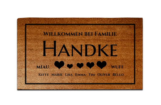 Personalisierte Fußmatte Familie 5 Personen Haushalt mit / ohne Haustiere,  40 x 70 cm, Kokosfaser-Fußmatte gelasert